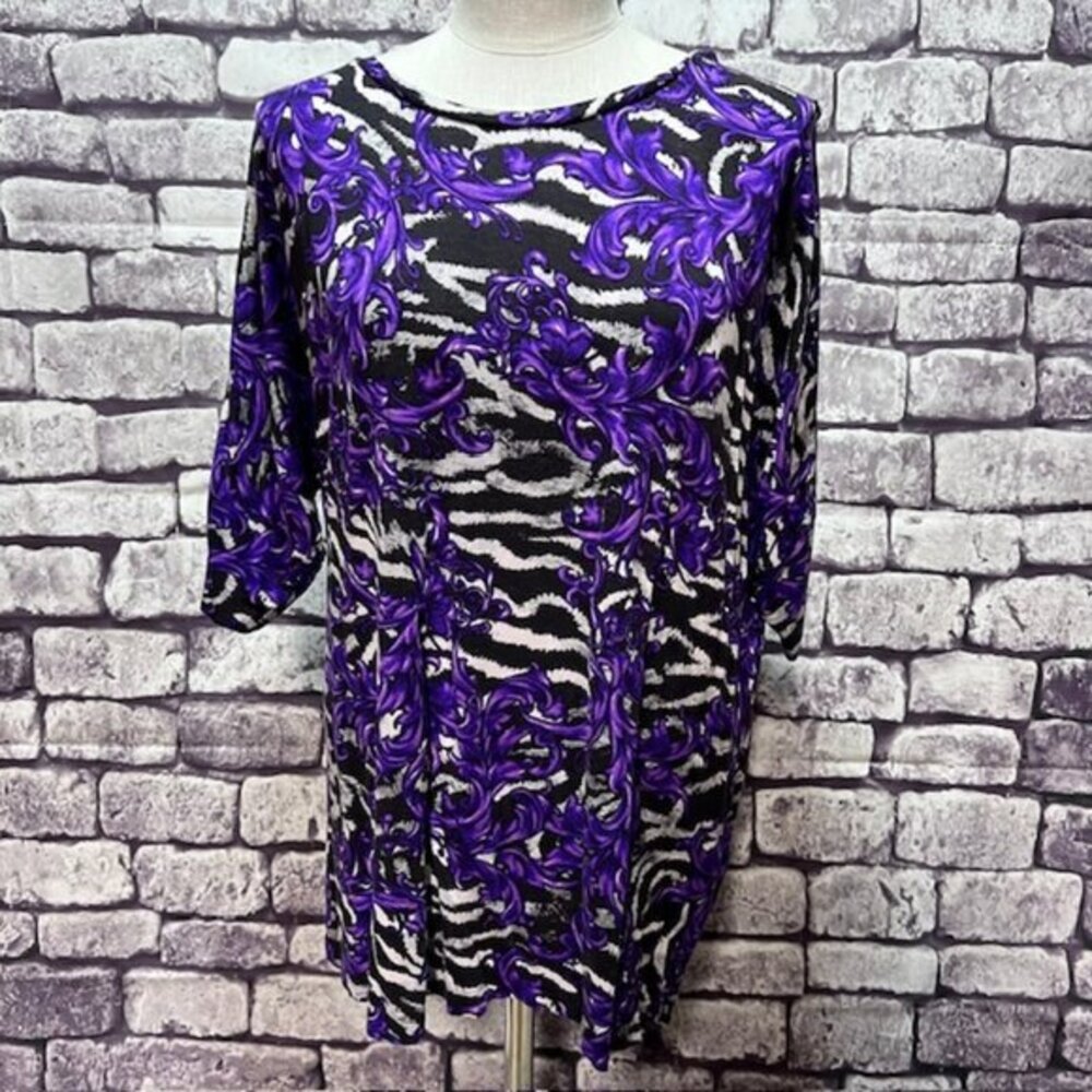 Chico's Purple, Black & Gray Round Neck Short Sleeve Blouse Size L